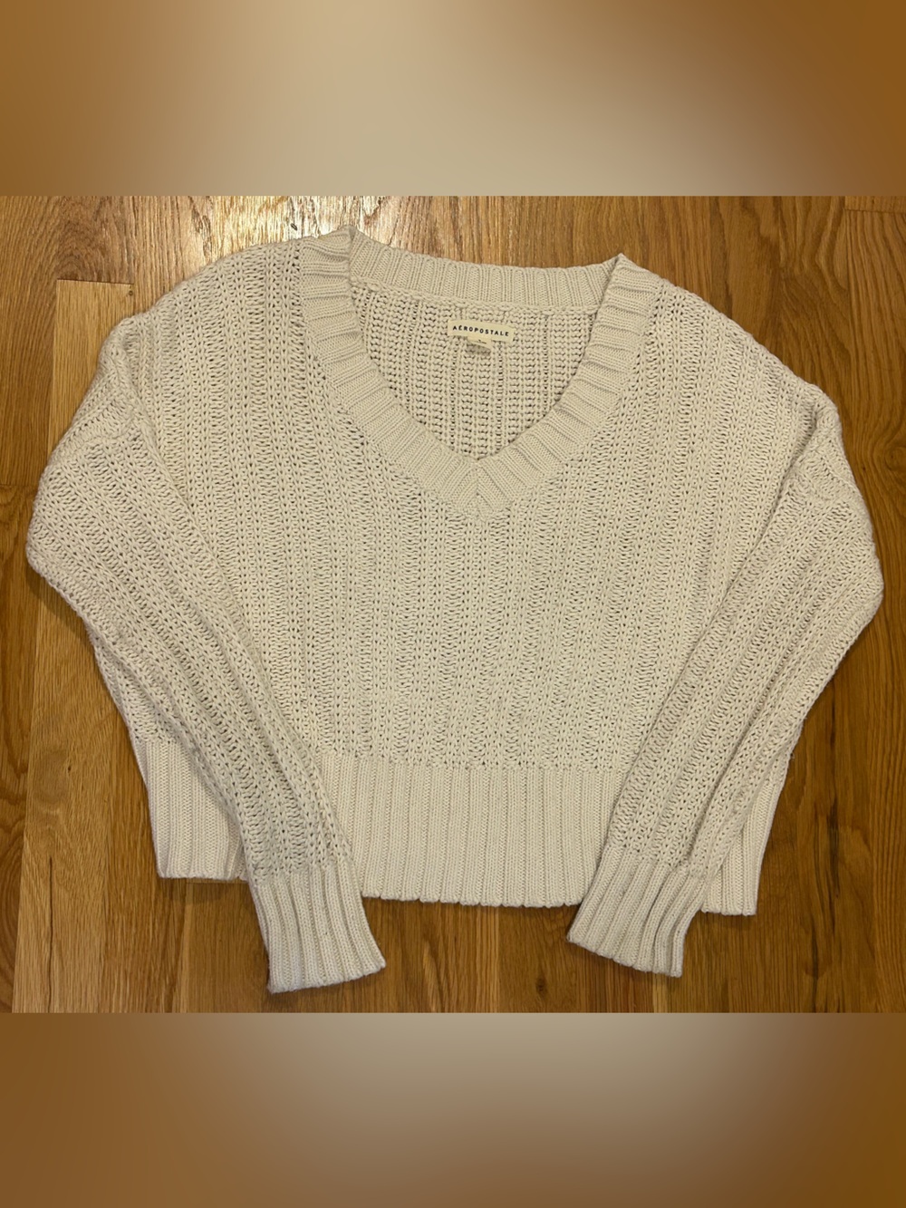 Aeropostale Cream V‑Neck Knit Sweater